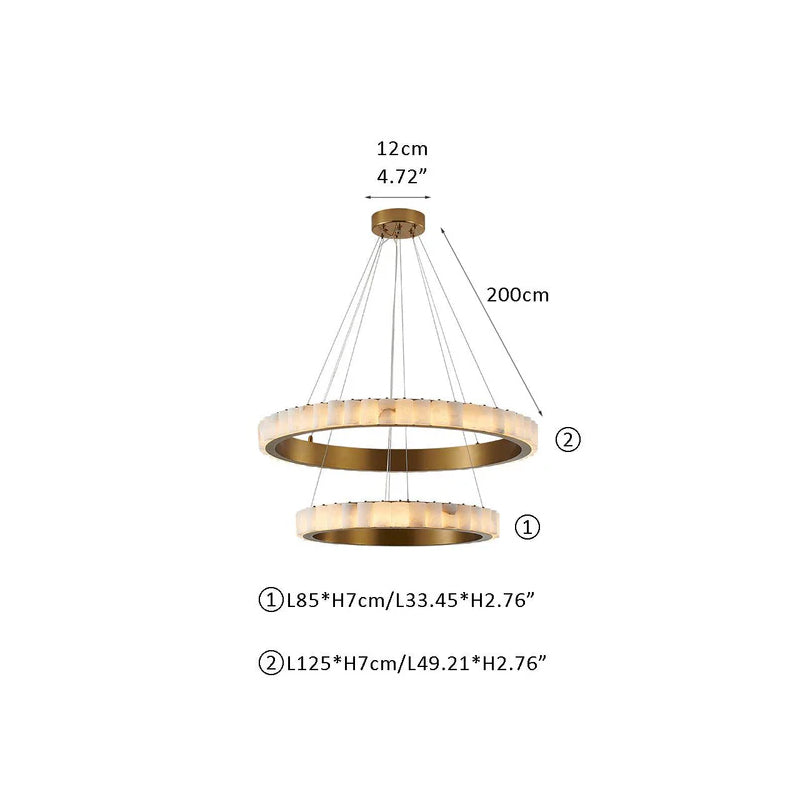 Triple Ring Alabaster Long Cord Chandelier Wide 22" 33" 49" | Brush Black/Gold Frame