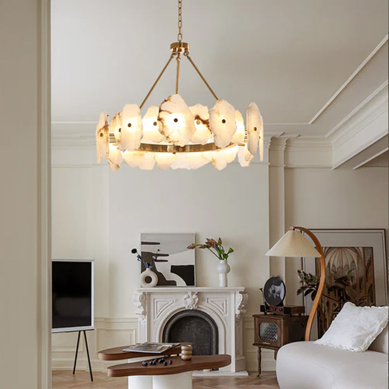 Luxury Irregular White Alabaster Round Chandelier Wide 60/80/100/120CM Brass Frame