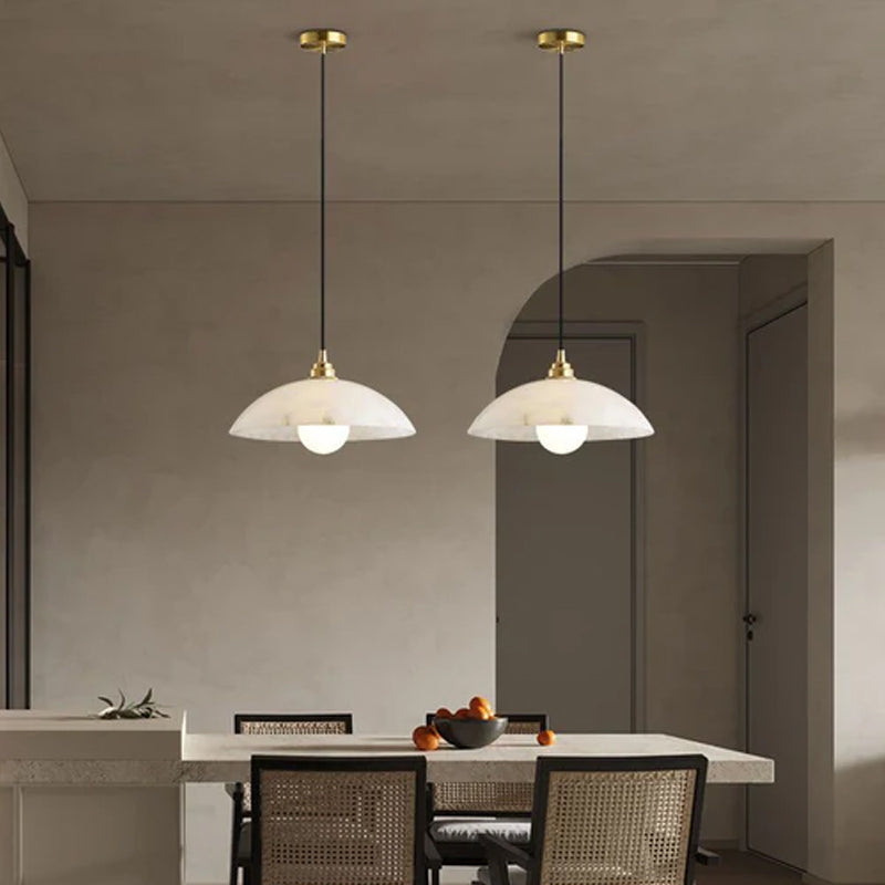 Alabaster Dome Pendant Light, Hanging Light 12'' Dia in Brass for Living Room