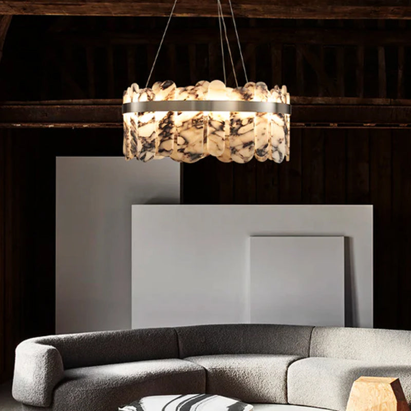 Modern LED Marble Round Chandelier 24" 32" Brushed Gold/Silver/Black Circle Frame