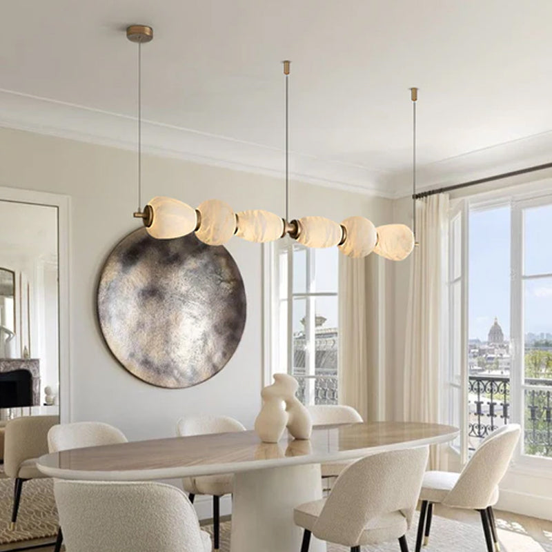 6-light Antique Brass String Hanging Light with Alabaster Stone Shade