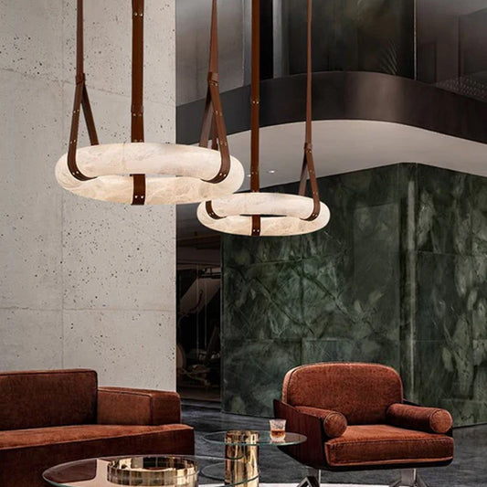 Round LED White Marble Pendant lamp with adjustable leather, Dia 12/16"