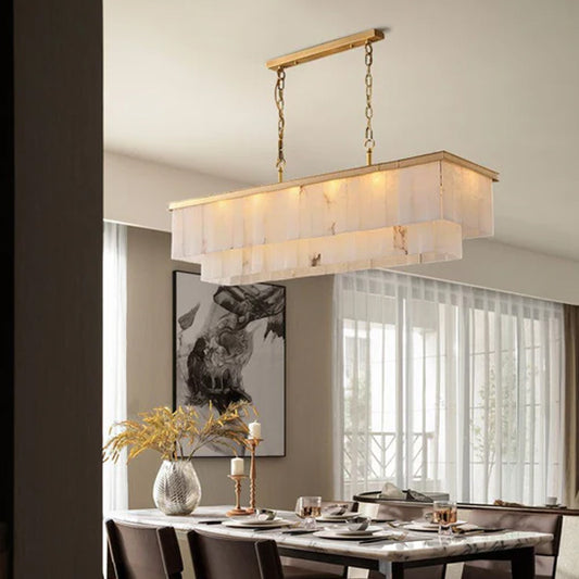 2 Tier Alabaster Rectangle Long Chandelier lamp 120CM in brass for dining room