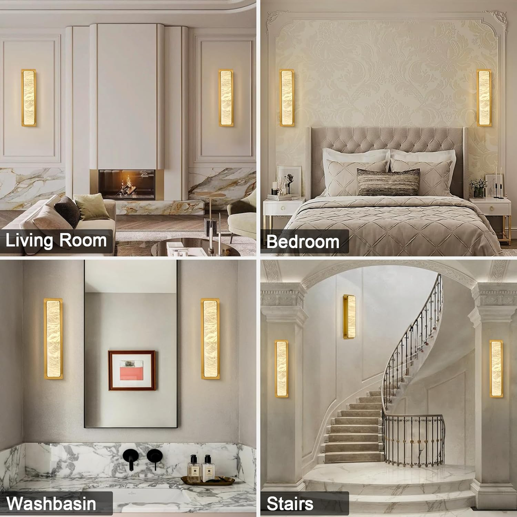19.7" Brass Alabaster Wall Sconces, Natural Wall Sconce Set of Two, Gold Marble Sconce, Large Rectangular Bedside Wall Lamp Perfect for Hallway, Living Room, Stairs, Dining Room, Bedroom