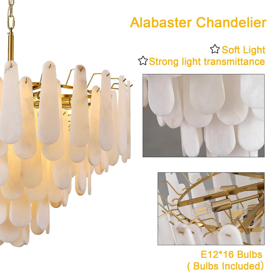 Alabaster Chandelier, D31.5 in Modern Feathery Round Chandelier, 6-Tiers Luxury Large White Marble Brass Chandeliers for Dining Room Bedroom Foyer Living Room Entryway