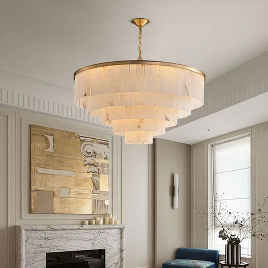 2 Tier Alabaster Chandelier lamp 120CM in brass for dining room