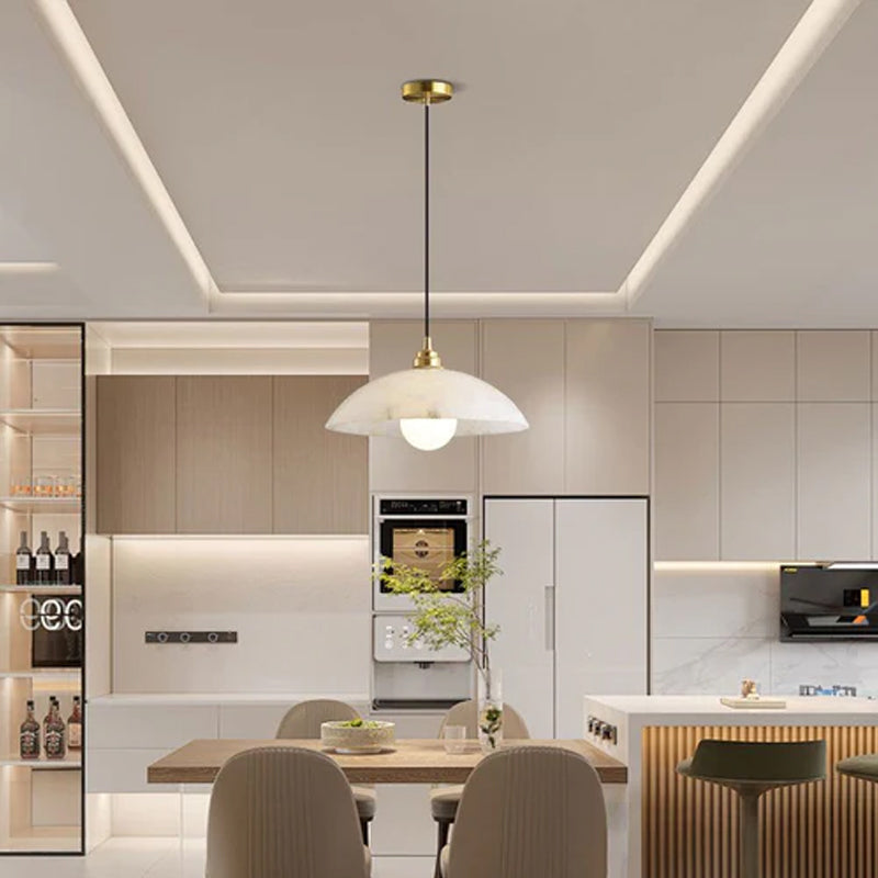 Alabaster Dome Pendant Light, Hanging Light 12'' Dia in Brass for Living Room