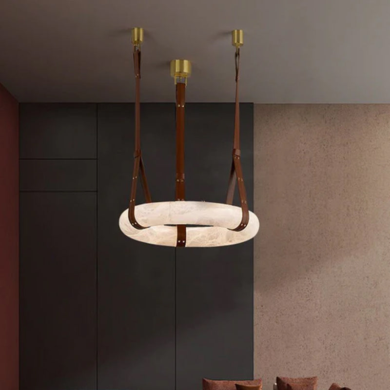 Round LED White Marble Pendant lamp with adjustable leather, Dia 12/16"