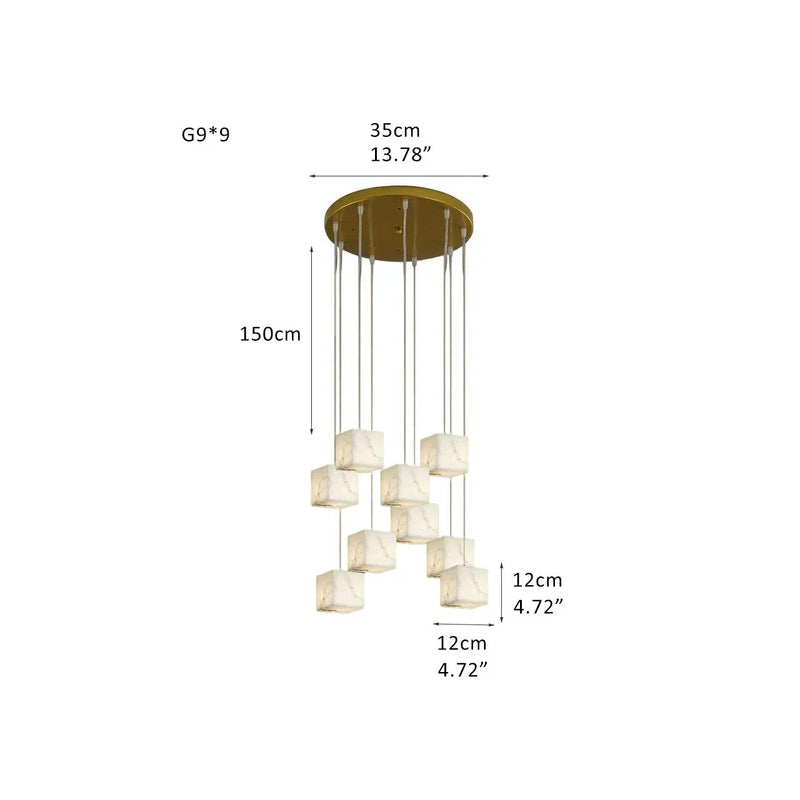 1/6/9/12/18/36-light G9 Alabaster Cluster Ceiling Pendant Lamp with Square Cube Design Brass 9 Heads