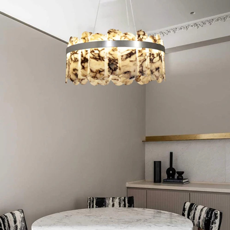 Modern LED Marble Round Chandelier 24" 32" Brushed Gold/Silver/Black Circle Frame