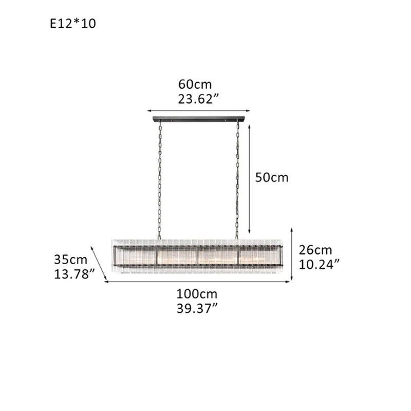 San Marco Rectangular Ribbed Glass Chandelier 40" 60" 72" in Antiqued Brass/Black Steel