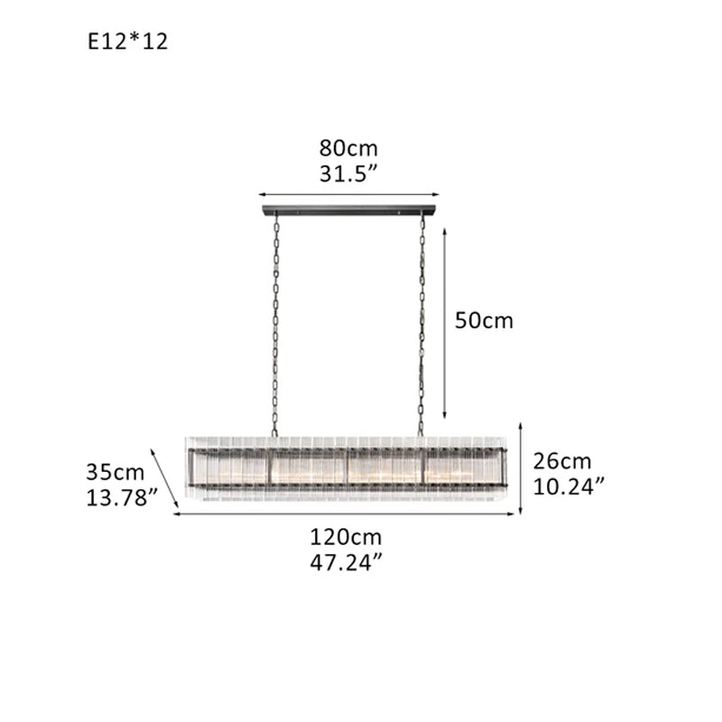 San Marco Rectangular Ribbed Glass Chandelier 40" 60" 72" in Antiqued Brass/Black Steel
