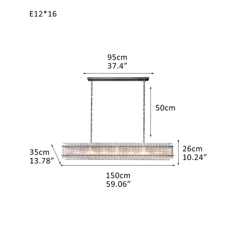 San Marco Rectangular Ribbed Glass Chandelier 40" 60" 72" in Antiqued Brass/Black Steel