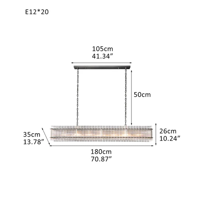 San Marco Rectangular Ribbed Glass Chandelier 40" 60" 72" in Antiqued Brass/Black Steel