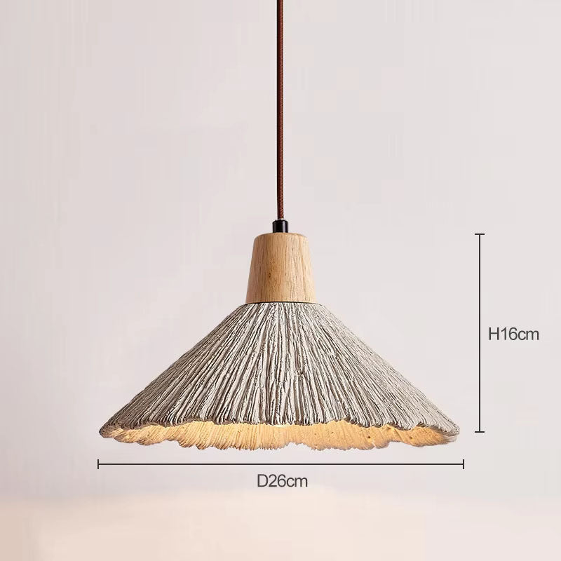 Umbrella-shaped cement penndant lamps are used in restaurant kitchens, etc. Natural wood color D10.24"