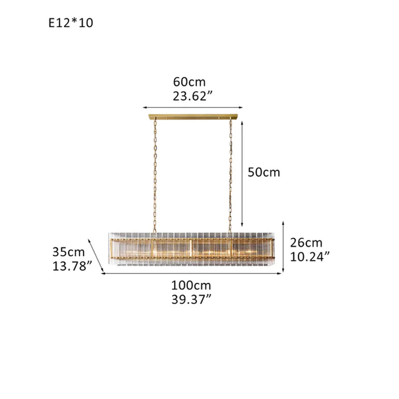 San Marco Rectangular Ribbed Glass Chandelier 40" 60" 72" in Antiqued Brass/Black Steel