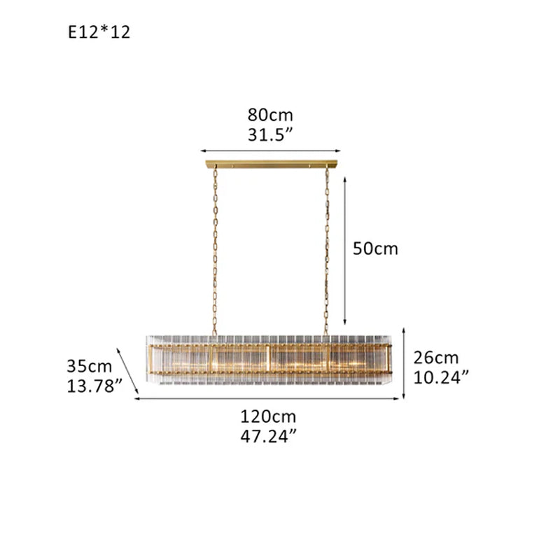 San Marco Rectangular Ribbed Glass Chandelier 40" 60" 72" in Antiqued Brass/Black Steel