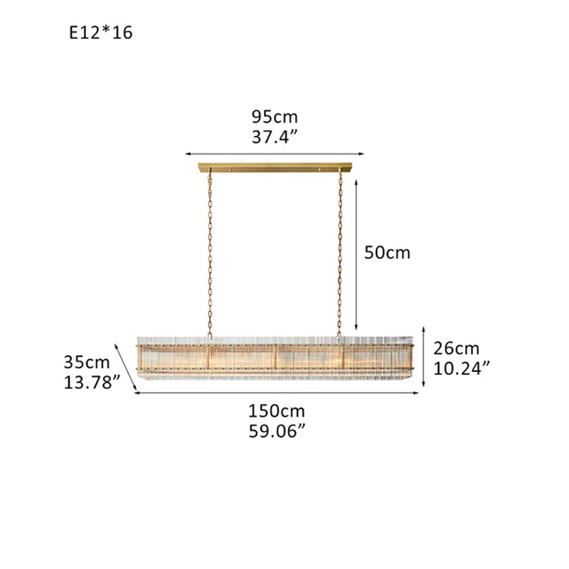 San Marco Rectangular Ribbed Glass Chandelier 40" 60" 72" in Antiqued Brass/Black Steel
