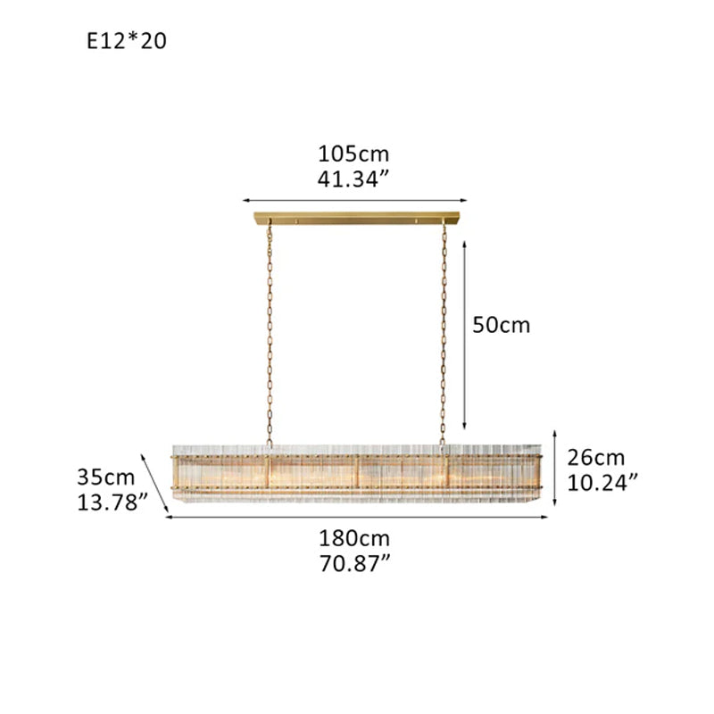 San Marco Rectangular Ribbed Glass Chandelier 40" 60" 72" in Antiqued Brass/Black Steel
