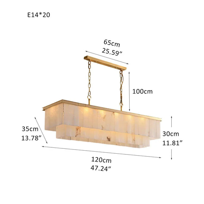 2 Tier Alabaster Rectangle Long Chandelier lamp 120CM in brass for dining room Brass L47.24”