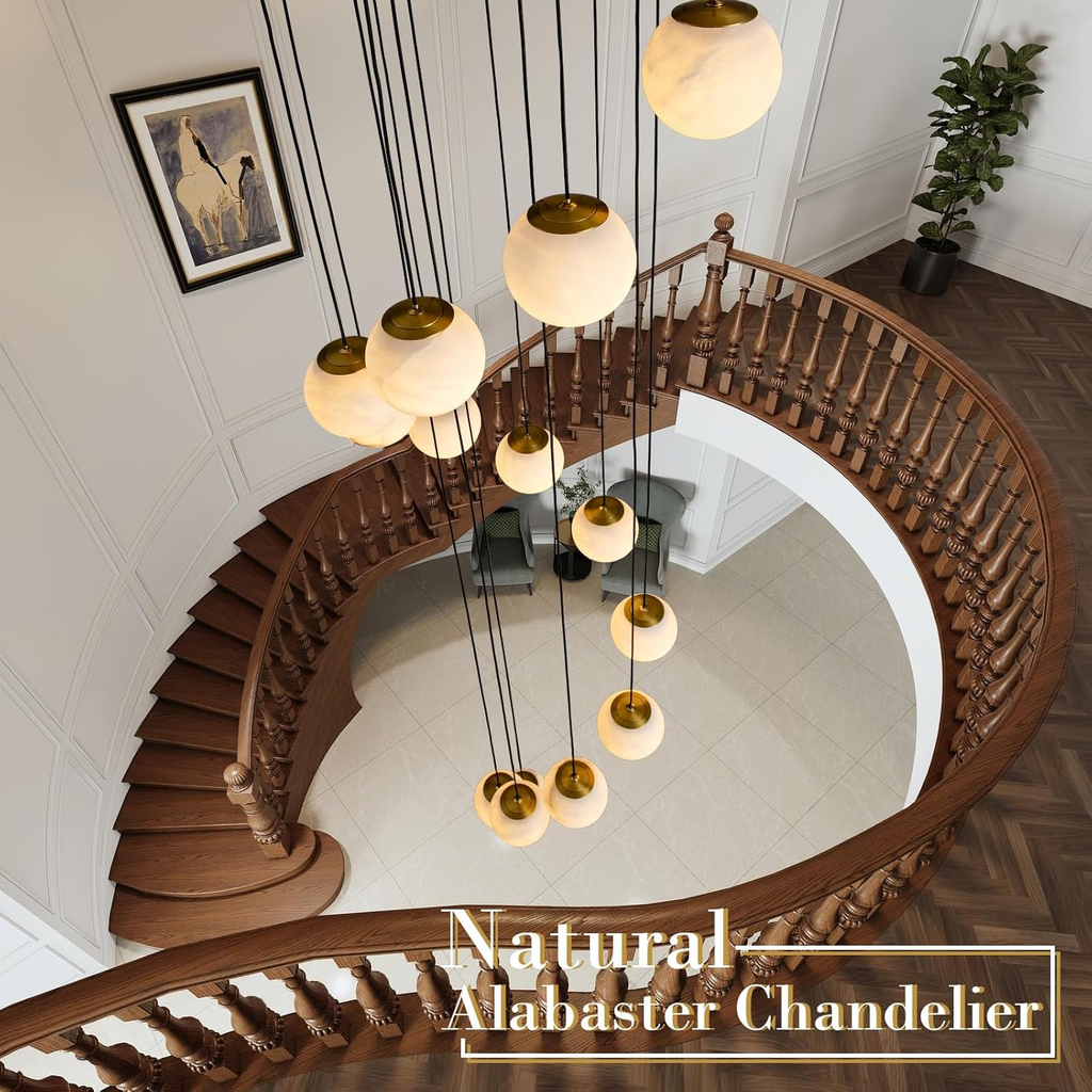 Gold Alabaster Chandelier,14-Lights Staircase Chandelier for Entryway, Modern Marble Hanging Light Fixture, Hight Ceiling, Foyer, Living Room, Staircase, Entry