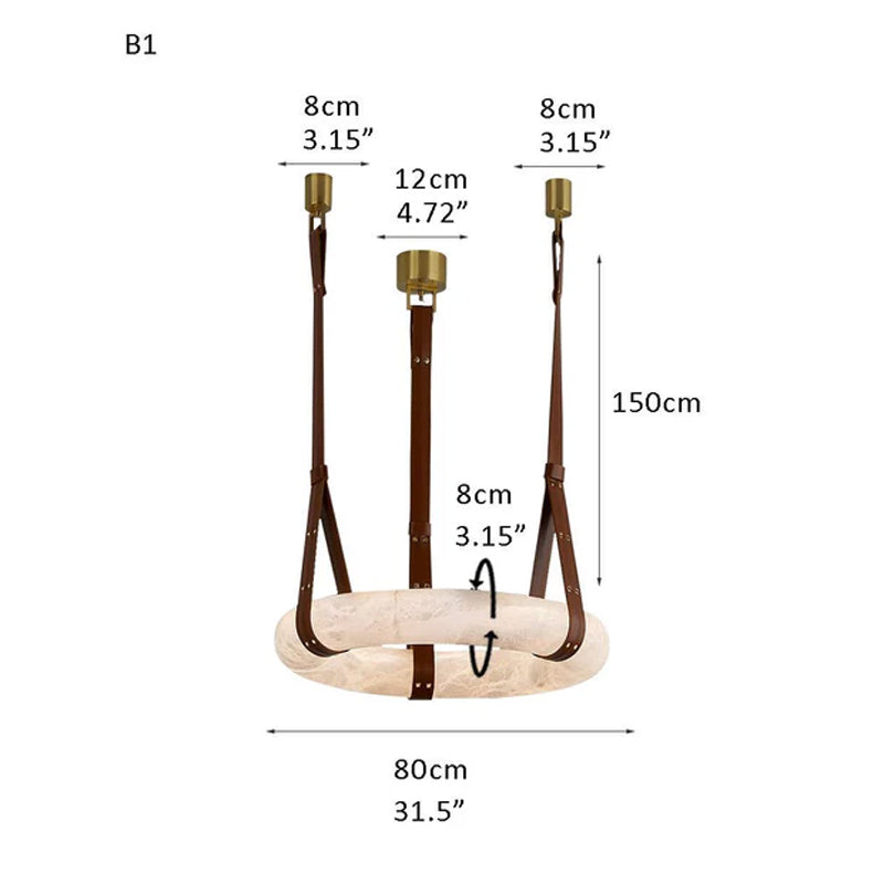 Round LED White Marble Pendant lamp with adjustable leather, Dia 12/16" Brass A 31.59"