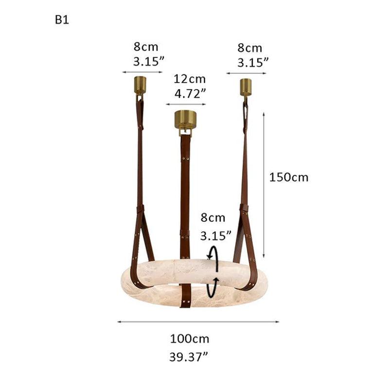 Round LED White Marble Pendant lamp with adjustable leather, Dia 12/16" Brass A 39.37"