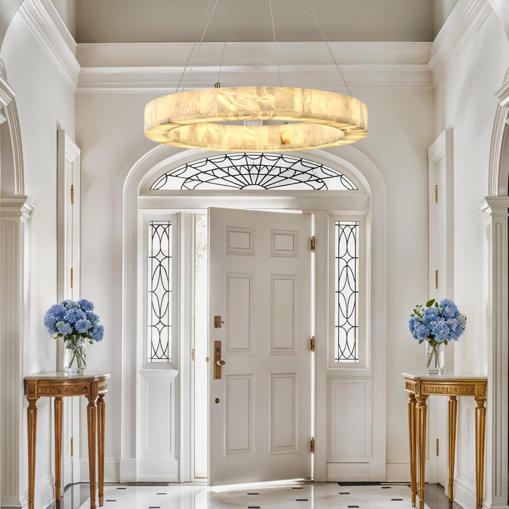 Alabaster Round Chandelier, D30in Modern Marble Dining Room Chandeliers, White Foyer Chandelier for Dining Room Light Fixture, Living Room, Bedroom Lights, Foyer, Kitchen