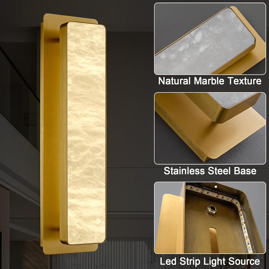 19.7" Brass Alabaster Wall Sconces, Natural Wall Sconce Set of Two, Gold Marble Sconce, Large Rectangular Bedside Wall Lamp Perfect for Hallway, Living Room, Stairs, Dining Room, Bedroom