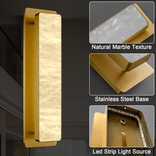19.7" Brass Alabaster Wall Sconces, Natural Wall Sconce Set of Two, Gold Marble Sconce, Large Rectangular Bedside Wall Lamp Perfect for Hallway, Living Room, Stairs, Dining Room, Bedroom H 19.7"