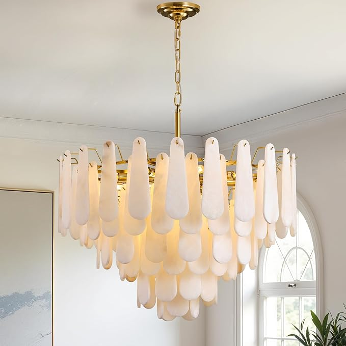 Alabaster Chandelier, D31.5 in Modern Feathery Round Chandelier, 6-Tiers Luxury Large White Marble Brass Chandeliers for Dining Room Bedroom Foyer Living Room Entryway