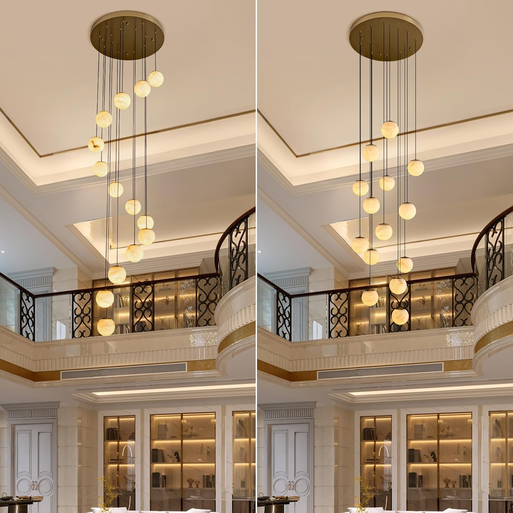 Gold Alabaster Chandelier,14-Lights Staircase Chandelier for Entryway, Modern Marble Hanging Light Fixture, Hight Ceiling, Foyer, Living Room, Staircase, Entry