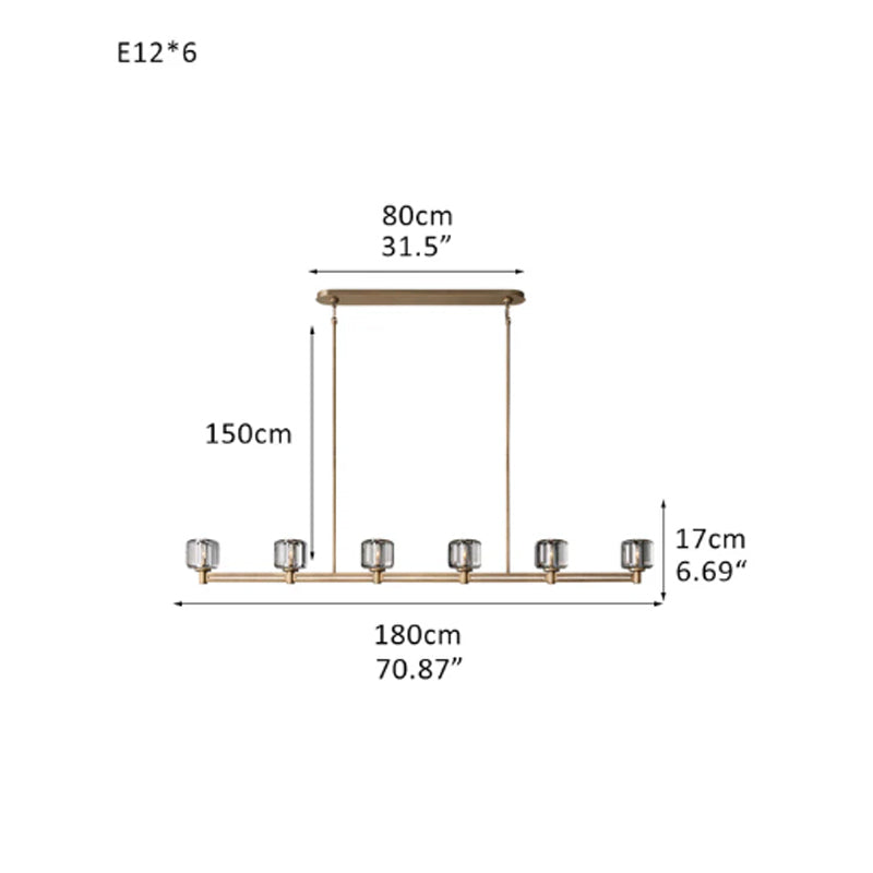 6/12 Light Candle Style Traditional Chandelier with Crystal Accents fordining room table Brass 6 Light L70.87" 3000K