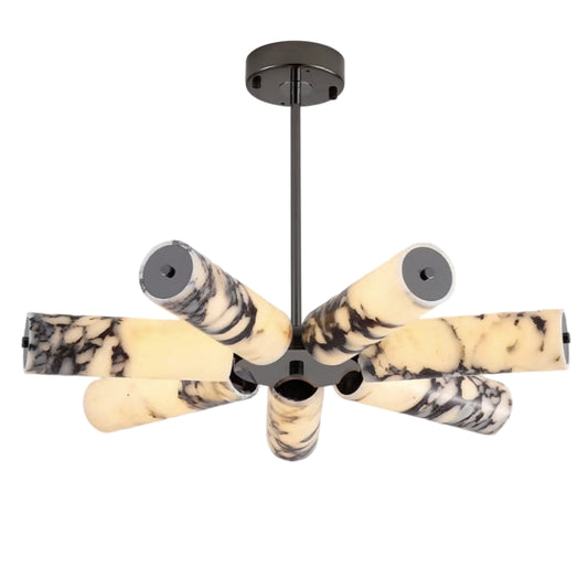 7-Light Chandelier in Soft Black with Marble Nature Shade for Living Spaces